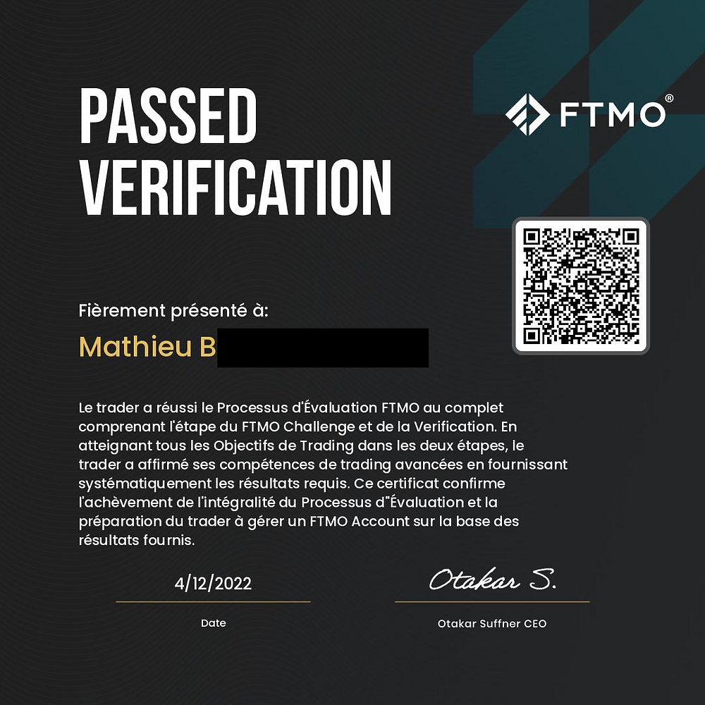 certificat propfirm trader financé ftmo 